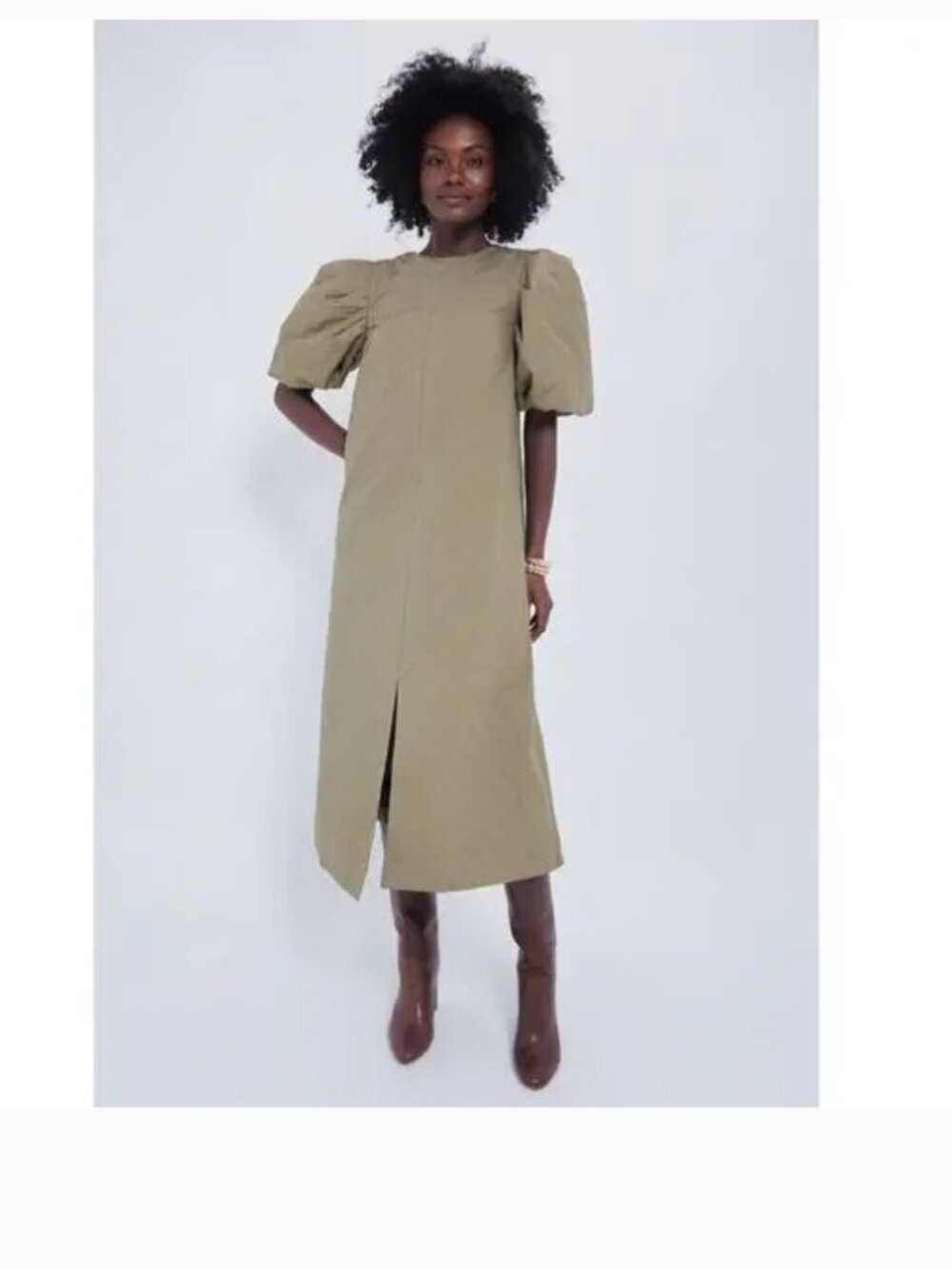 Olive Puff-Sleeve Long Sleeve Midi Dress